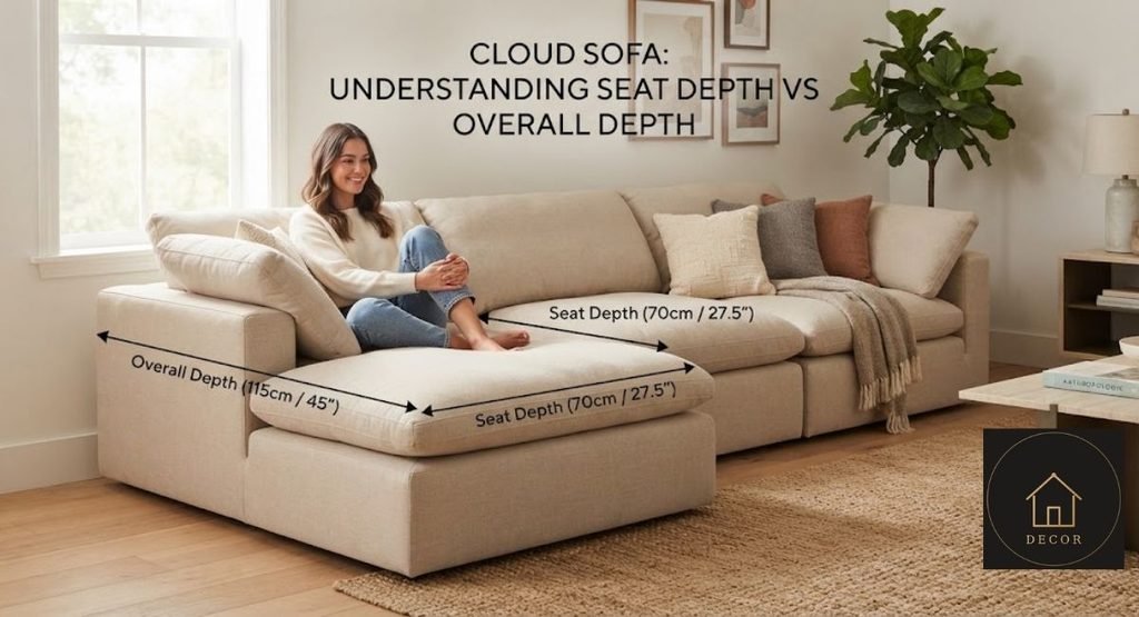 3 seat cloud couch seat depth compared with overall sofa depth