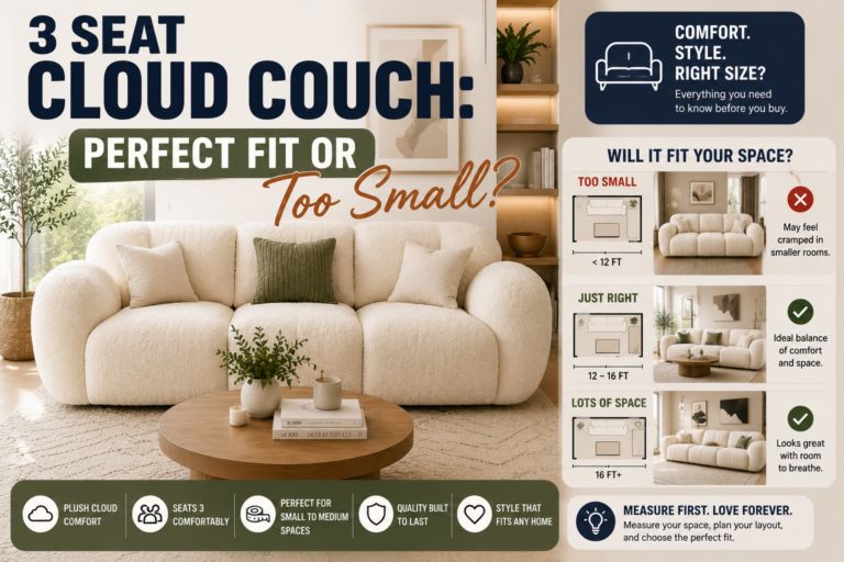 3 seat cloud couch size guide for modern living rooms, comparing the fit in different room sizes.