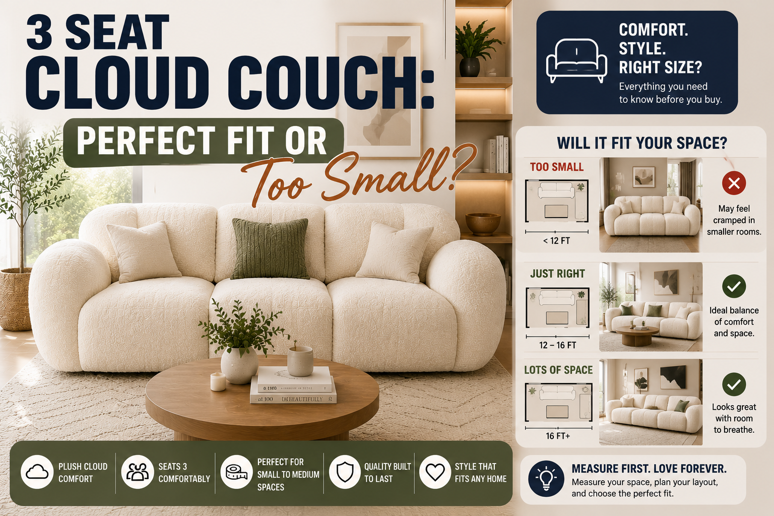 3 seat cloud couch size guide for modern living rooms, comparing the fit in different room sizes.