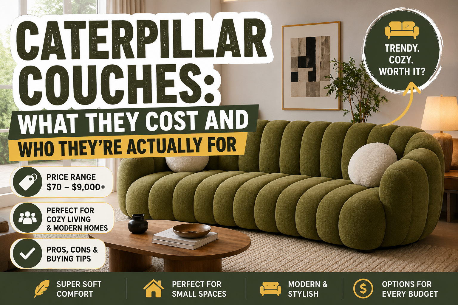 caterpillar couch in a modern living room showing price range, comfort, and buying guide for different budgets