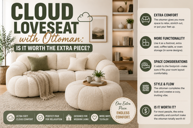 cloud loveseat with ottoman in a modern living room highlighting comfort, extra seating, and storage benefits.