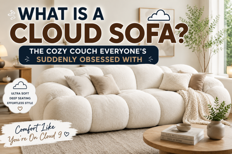 cloud sofa in a modern living room with oversized plush cushions and deep seating.