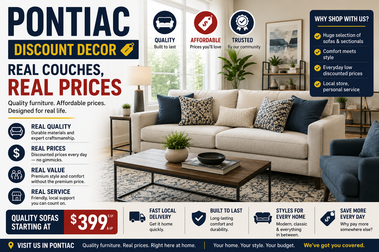 furniture showroom at pontiac discount decor displaying affordable couches, sectionals, and living room furniture at budget friendly prices.
