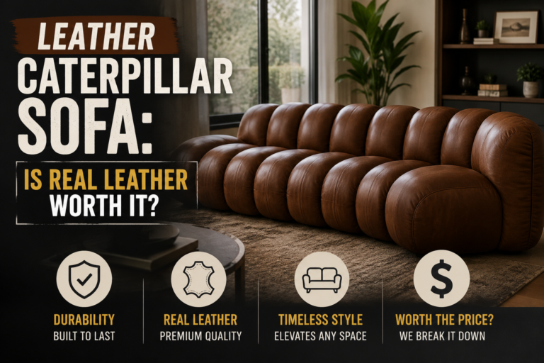 leather caterpillar sofa in a modern living room showcasing premium real leather upholstery and deep cushioned design