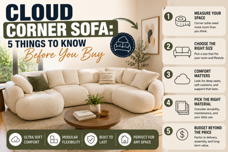 modern cloud corner sofa in a stylish living room highlighting five essential buying tips for comfort, size, material, and layout.