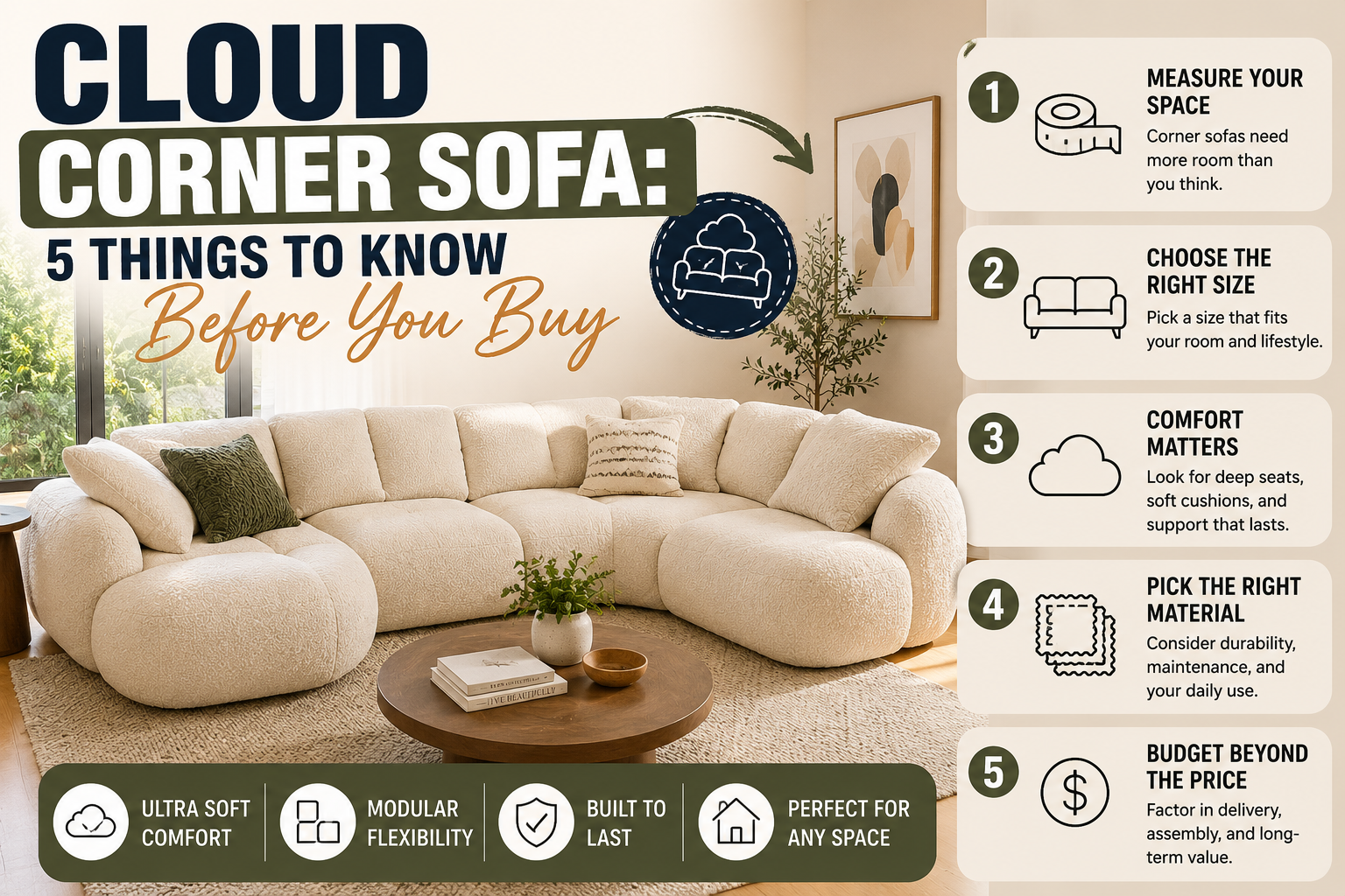 modern cloud corner sofa in a stylish living room highlighting five essential buying tips for comfort, size, material, and layout.