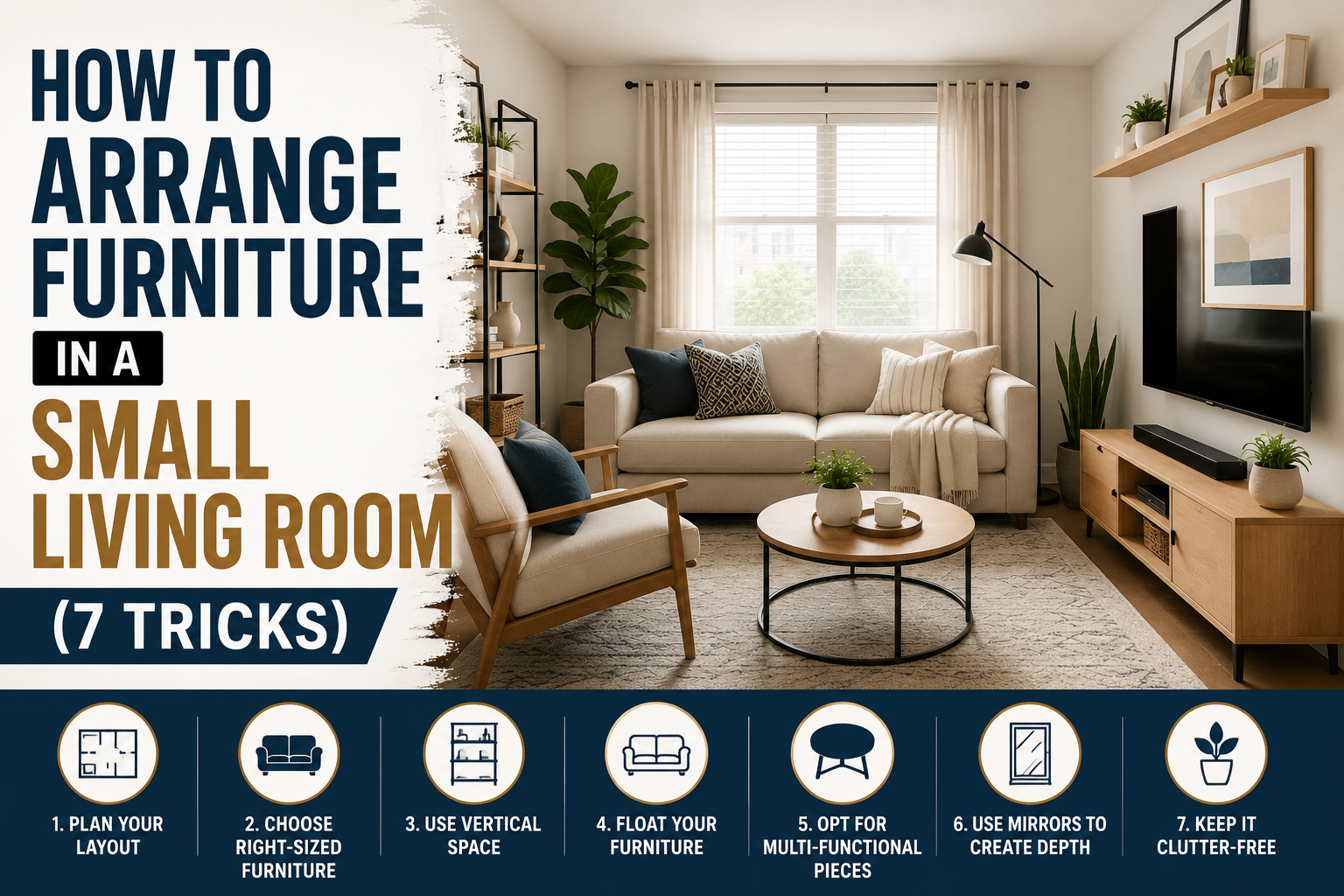 modern small living room furniture arrangement with a sofa, coffee table, tv unit, and smart space saving layout ideas.