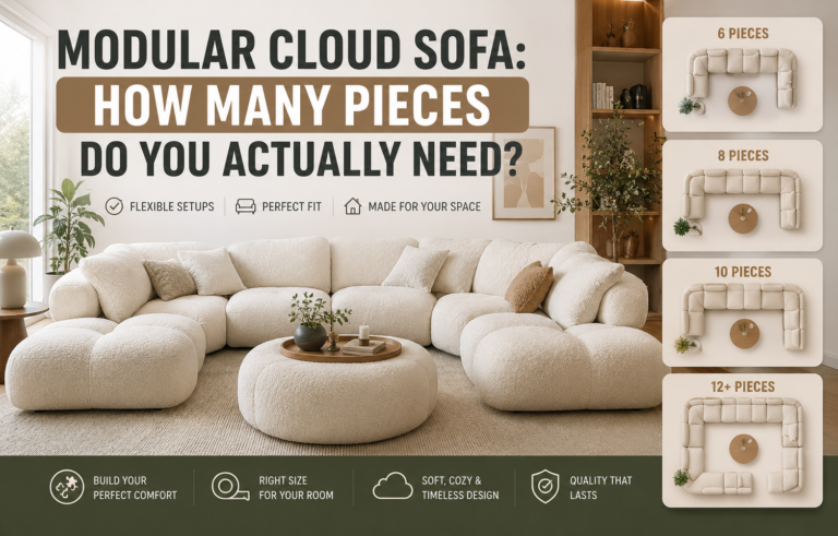 modular cloud sofa with multiple sectional configurations showing 6, 8, 10, and 12 piece layouts in a modern living room.