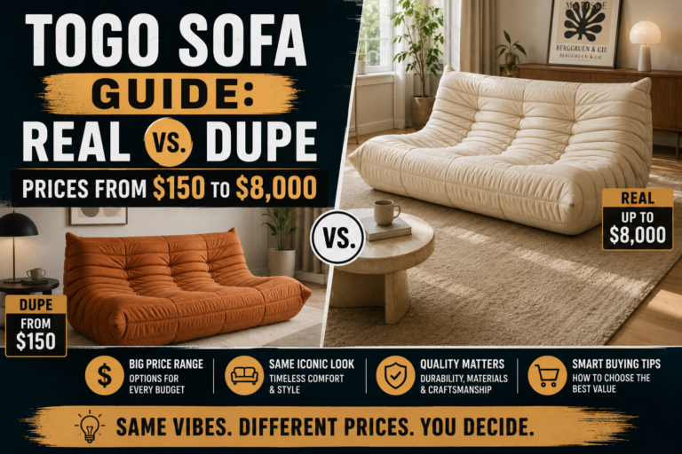 real vs. dupe togo sofa comparison in a modern living room showing price range from $150 to $8,000 and key buying differences.