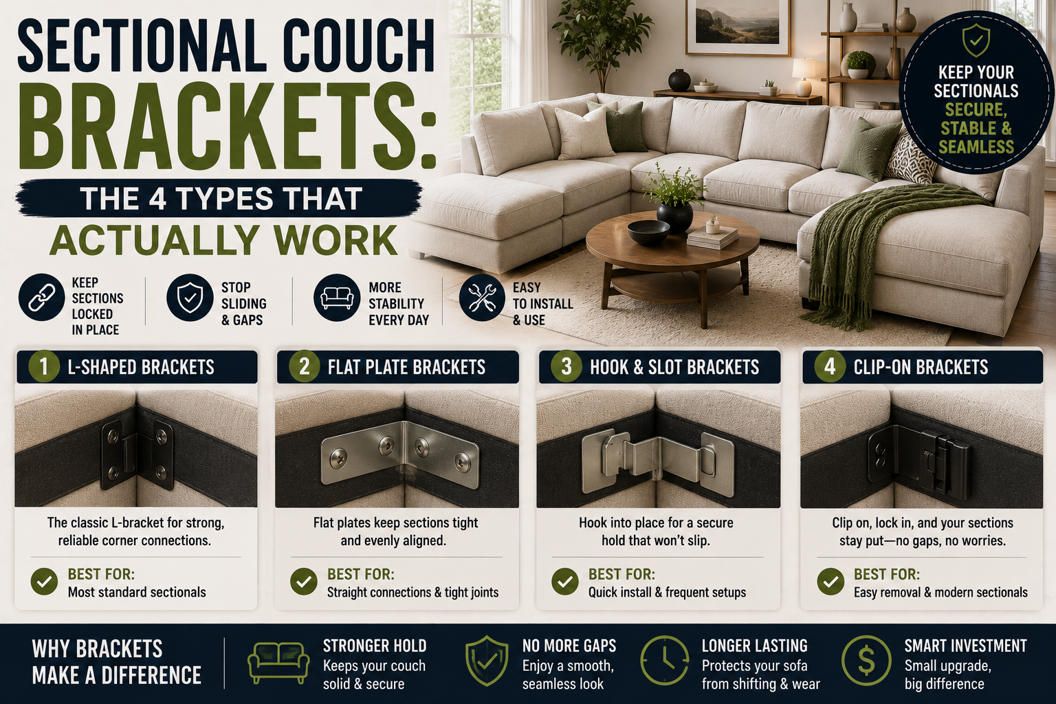 sectional couch brackets showing four bracket types that securely connect sectional sofas, prevent sliding, and improve stability.