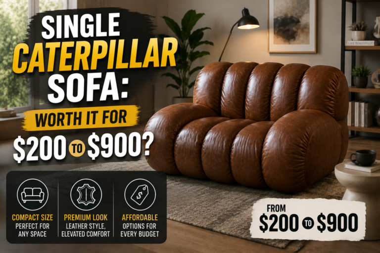 single caterpillar sofa in a modern living room highlighting comfort, compact design, and price range from $200 to $900.