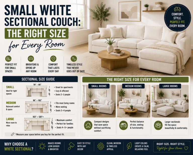 small white sectional couch in a modern living room showing the ideal sofa size for small, medium, and large spaces.