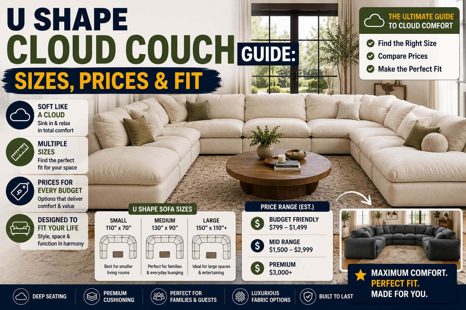 u shape cloud couch in a modern living room with size options, price comparison, and space fit guide