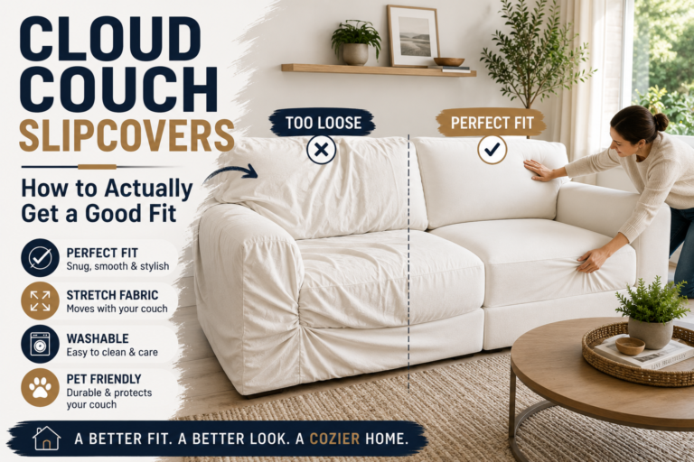 white cloud couch with a perfectly fitted slipcover compared to a loose couch cover in a modern living room, showing how to achieve the best sectional sofa fit.
