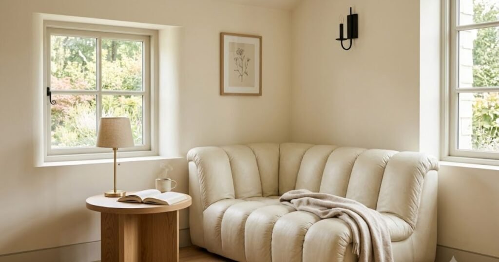Single Caterpillar Sofa: Worth It for $200 to $900? a single caterpillar sofa in a small reading nook next to a window showing scale against a side table