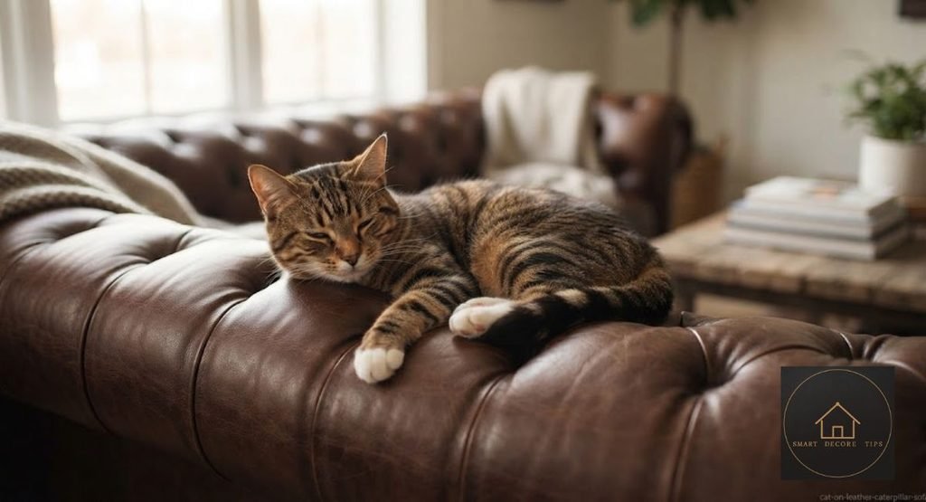 Leather Caterpillar Sofa: Real vs Faux, Prices & Lifespan Cat sitting on a leather caterpillar sofa cushion