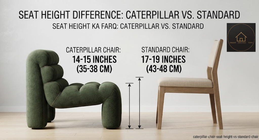 Caterpillar Sofa Chair: Size, Seat Height & Real Costs Diagram comparing a 15-inch caterpillar chair seat with a 17-19 inch standard armchair seat