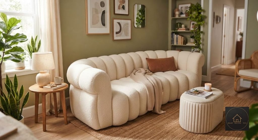 Caterpillar Sofa: Guide Prices From $70 to $9,000+(2026) caterpillar sofa with rolled foam segments in a small living room