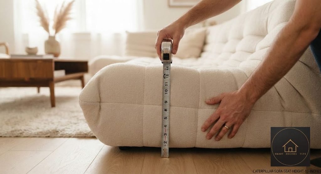 Leather Caterpillar Sofa: Real vs Faux, Prices & Lifespan Tape measure showing a 15-inch caterpillar sofa seat height