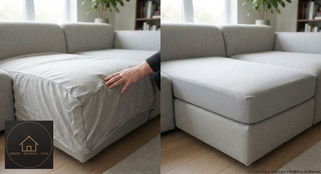 One-piece cover bunched at the front edge of a cloud couch seat next to a fitted cushion cover
