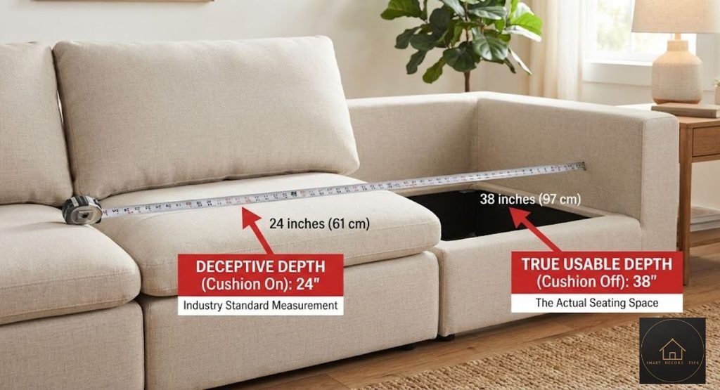 Cloud Couch: Real Seat Depths, Prices & 7 Buying Mistakes Measuring cloud couch seat depth with the back cushion in place at 29 inches