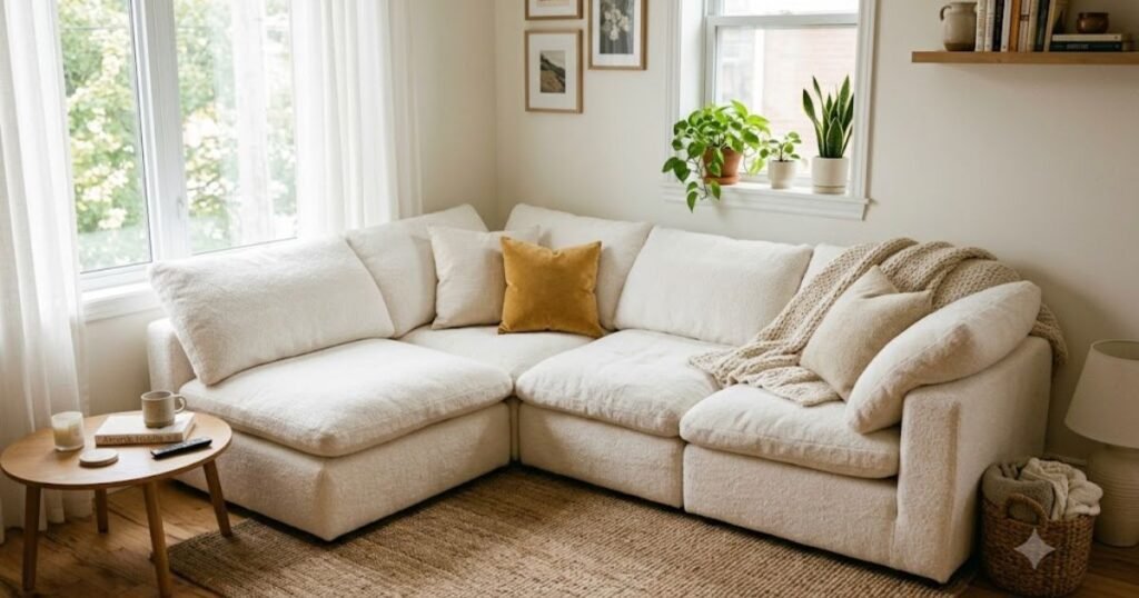 Cloud Couch: What It Is, What It Costs & 7 Buying Mistakes cloud couch sectional in a small living room