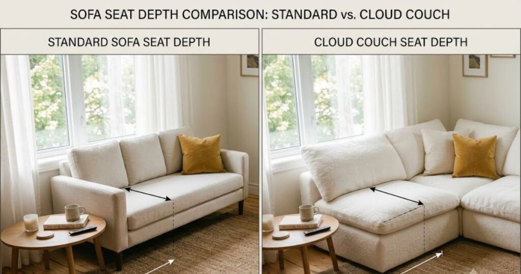 Cloud Couch: What It Is, What It Costs & 7 Buying Mistakes cloud couch vs standard sofa seat depth comparison