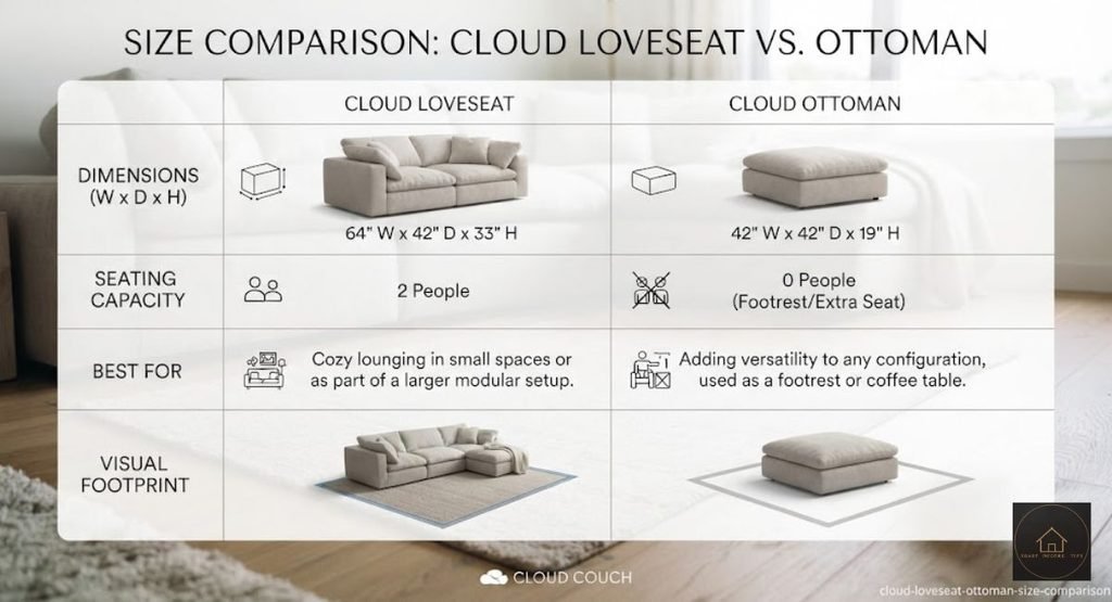cloud loveseat with ottoman size comparison chart