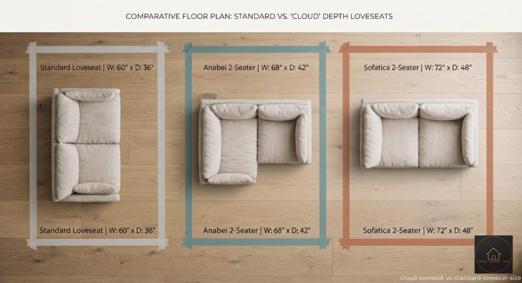 Top-down size comparison of a standard loveseat and two cloud loveseats