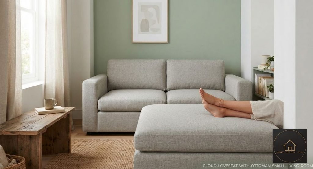 cloud loveseat with ottoman in a small living room