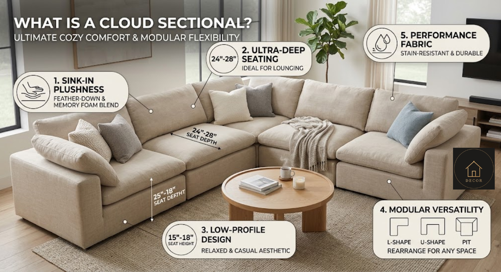 cloud sectional sofa showing deep seats oversized cushions and modular design