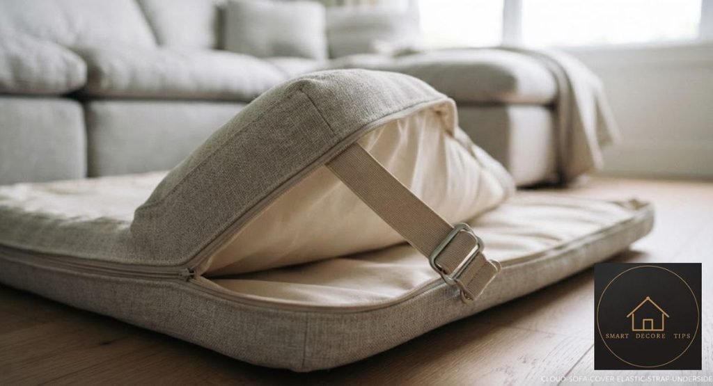 Elastic strap under a cloud sofa cushion cover holding it to the frame