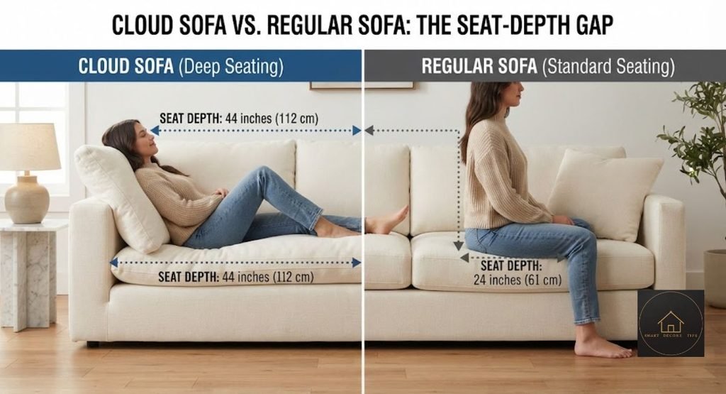 What Is a Cloud Sofa? The Deep, Squishy Couch Everyone's Talking About Seat depth comparison between a cloud sofa and a regular sofa