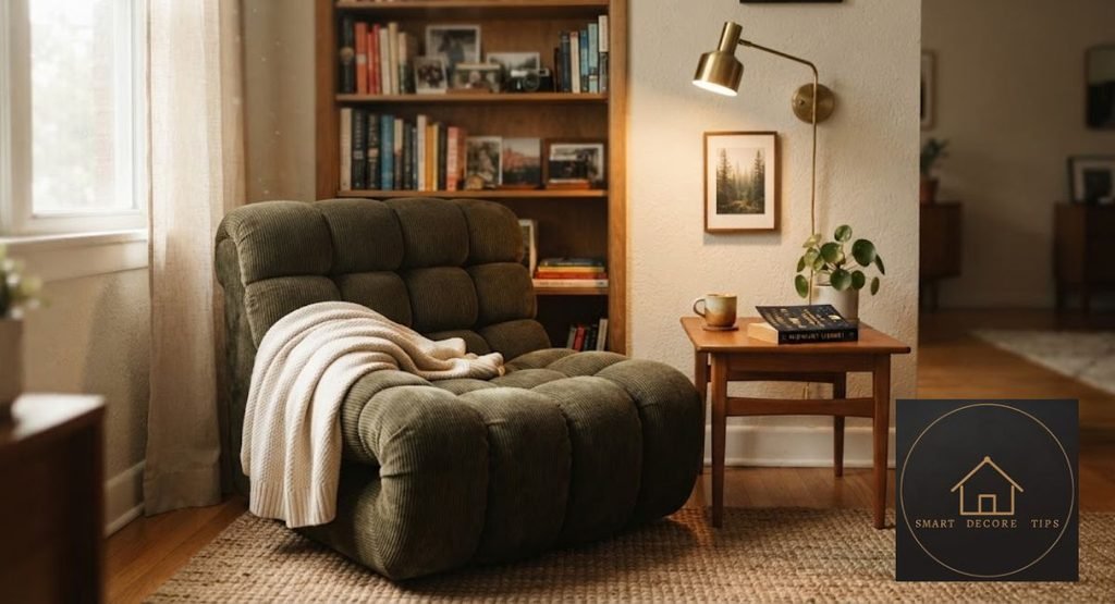 Caterpillar Sofa Chair: Size, Seat Height & Real Costs Corduroy caterpillar chair in a small apartment reading corner