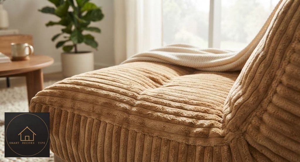 Caterpillar Sofa Chair: Size, Seat Height & Real Costs Close-up of ribbed corduroy cover on a foam lounge chair
