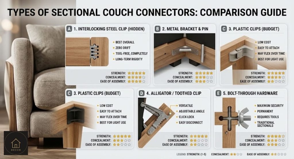 Sectional Couch Brackets: Types, Installation & Fixes different types of sectional couch brackets and sofa connectors compared