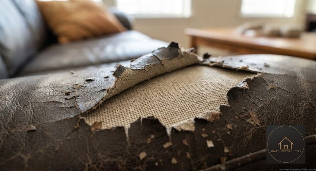 Leather Caterpillar Sofa: Real vs Faux, Prices & Lifespan Peeling faux leather on a sofa showing the fabric backing underneath