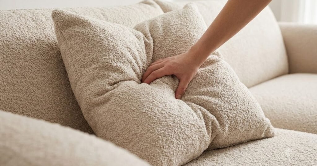 fluffing a modular cloud sofa cushion to even out wear