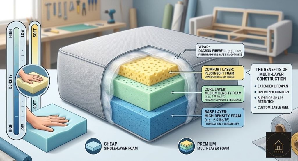 Foam Filled Sofa Guide: Best Density, Comfort & What Actually Lasts foam filled sofa cushion showing different density foam layers