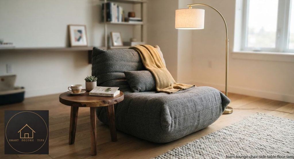 Caterpillar Sofa Chair: Size, Seat Height & Real Costs Low foam lounge chair beside a side table and floor lamp near a window