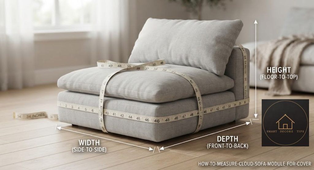 Diagram showing width, depth and height measurements on one cloud sofa module