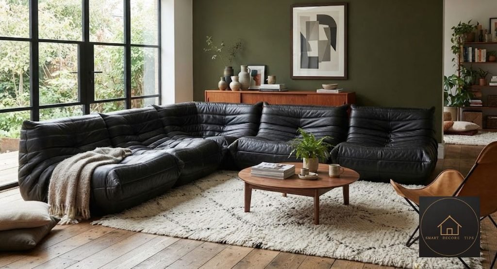Leather Caterpillar Sofa: Real vs Faux, Prices & Lifespan Black leather caterpillar sofa in a small living room