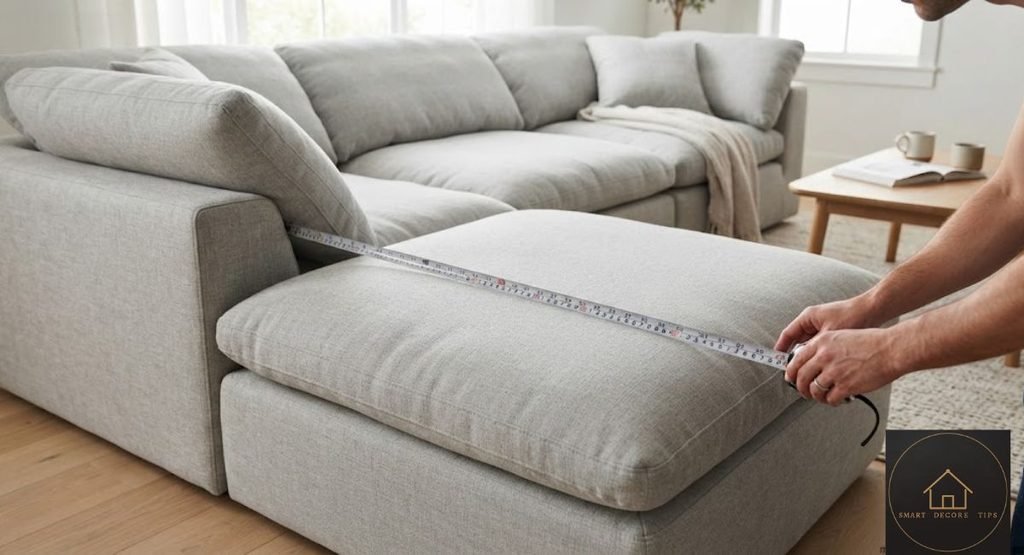 Tape measure across the seat depth of a cloud couch before buying a slipcover