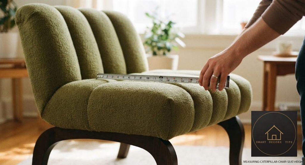 Caterpillar Sofa Chair: Size, Seat Height & Real Costs Tape measure reading seat height on a low foam lounge chair