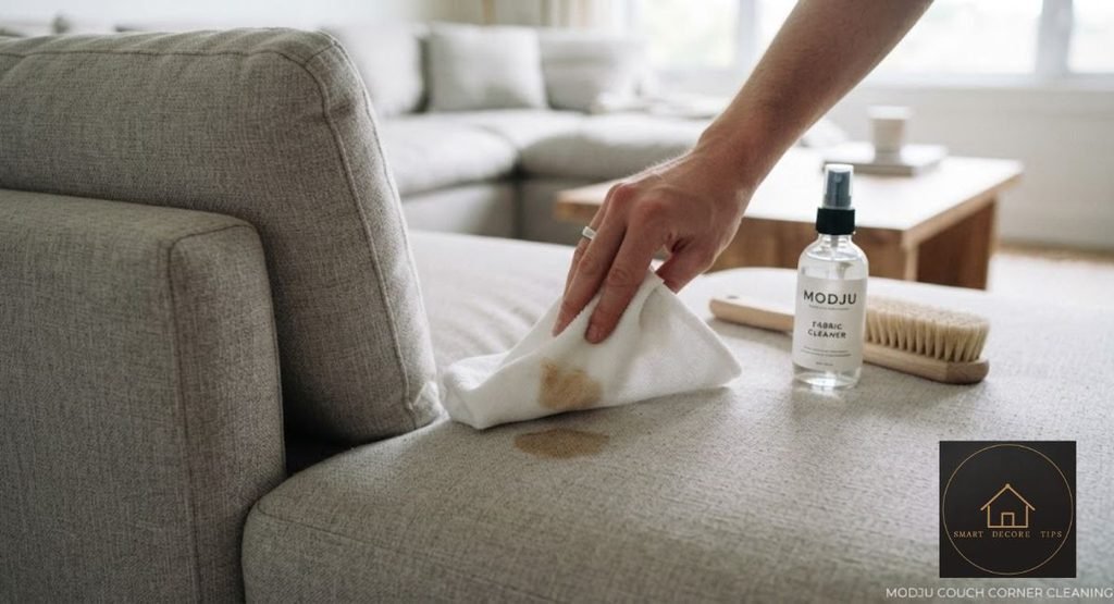 Spot cleaning a Modju corner cushion with a damp cloth
