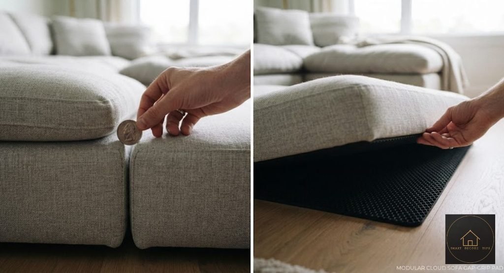 Grip pad under a modular cloud sofa base to stop the seat modules drifting apart