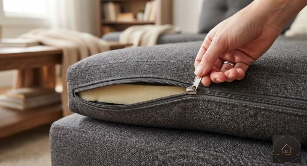 Cloud Couch: Real Seat Depths, Prices & 7 Buying Mistakes Zip-off machine washable cover being removed from a deep seat cushion