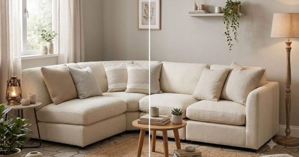 Pontiac Discount Decor: Real Couches, Real Prices side by side photo of a caterpillar boucle sofa and a linen modular sectional