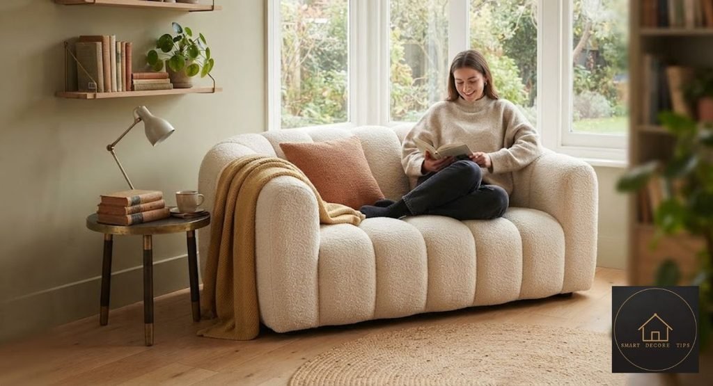 single caterpillar sofa in a small reading nook