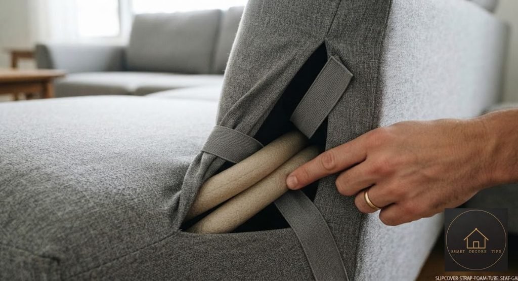 Elastic strap and foam tube holding a couch cover in the seat gap